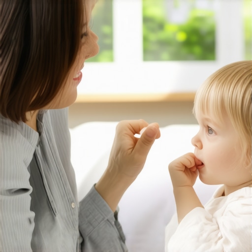 Parent encouraging child to avoid thumb-sucking with supportive gestures.
