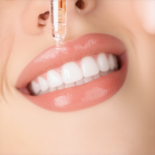 Dentist applying whitening gel to patient's teeth during a professional procedure