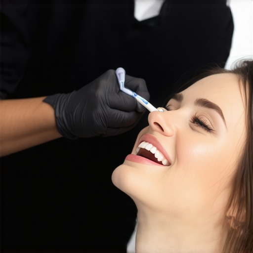 Dentist showing a patient correct brushing and flossing methods.