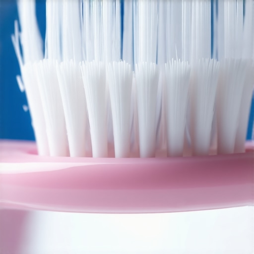 A toothbrush with soft bristles demonstrating correct brushing technique in a bathroom setting.