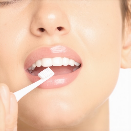Person brushing teeth correctly using a small, soft-bristled toothbrush.