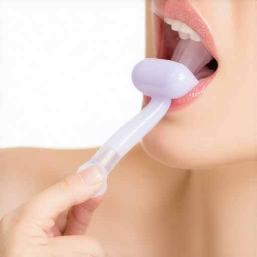 Person softly scraping their tongue with a silicone tool in a clean bathroom space