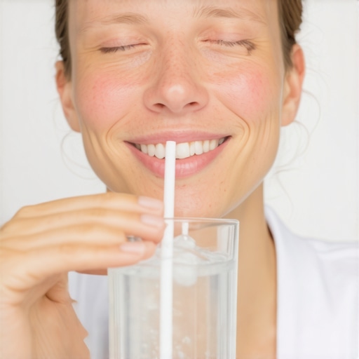 Using a straw reduces acid contact with teeth Close-up of a person drinking soda through a straw, protecting their teeth from acids