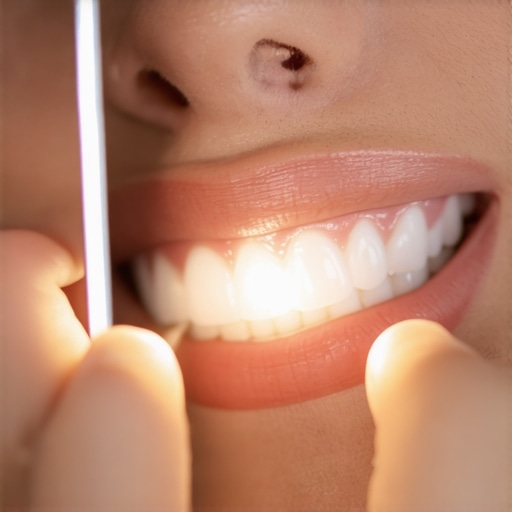 Person inspecting teeth with a mirror and flashlight to detect chips or stains.