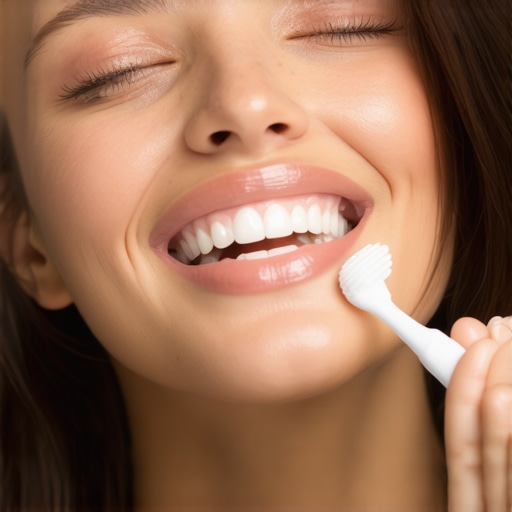 Advanced Oral Hygiene Tools in Use Person demonstrating use of electric toothbrush and interdental brushes to maintain dental health.