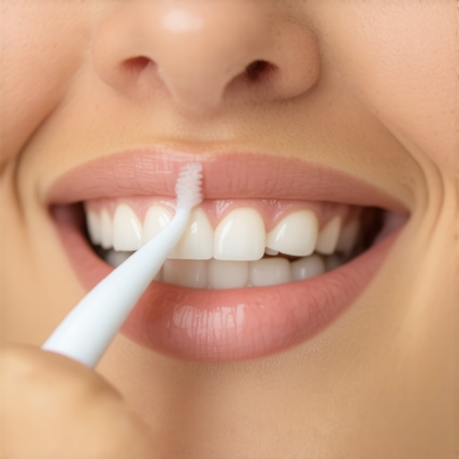 Brushing Technique for Dental Crowns Person gently brushing around a dental crown with an electric toothbrush to maintain oral health.