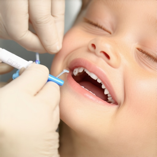 Pediatric dentist applying fluoride varnish to a young child's teeth during a dental visit.