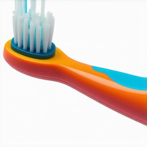 A small, colorful children's toothbrush with soft bristles and a cushioned handle.