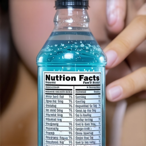 Person reading nutrition label on sparkling water bottle.