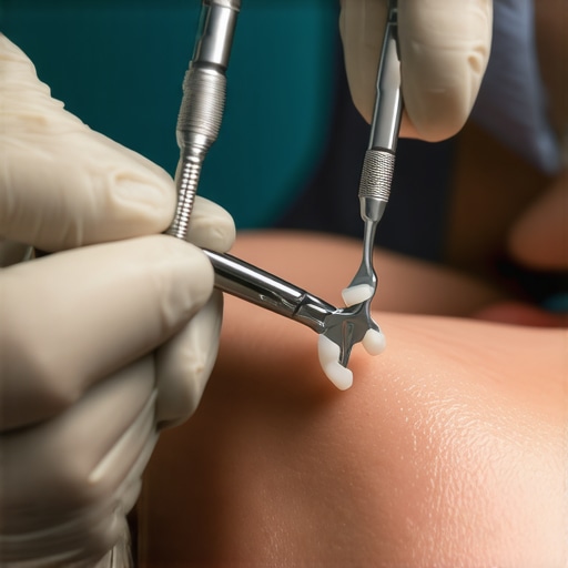 Dental Examination of Crown Dentist inspecting a patient's dental crown with precision tools.