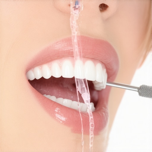 Person using water flosser to clean around dental crowns, illustrating proper oral hygiene techniques.