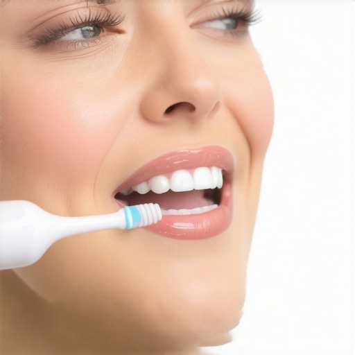 Person using water flosser and electric toothbrush to maintain crowns and restorations.