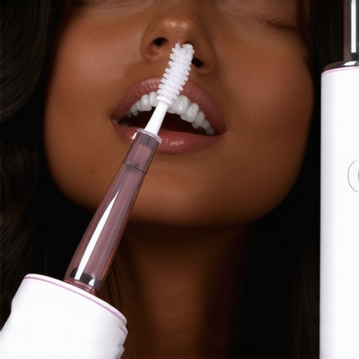 Person cleaning teeth with water flosser and brushing with electric toothbrush