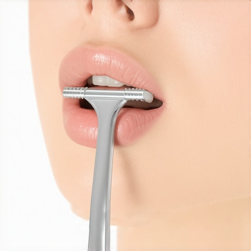 Effective Tongue Cleaning Technique Person using a tongue scraper to clean their tongue