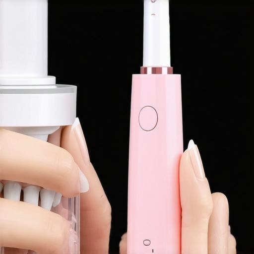 Effective Tools for Dental Restoration Maintenance A person using a water flosser and electric toothbrush to care for dental crowns and veneers.