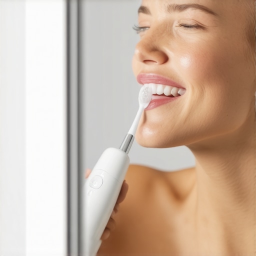 Person brushing teeth with an electric toothbrush in mirror