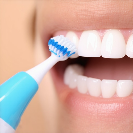 Effective cleaning around dental crowns with an electric toothbrush. Hand brushing teeth with a Sonicare electric toothbrush, focusing on crowns.