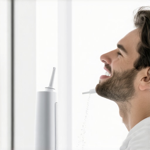 Effective oral hygiene with water flosser Person demonstrating the use of a water flosser for oral health
