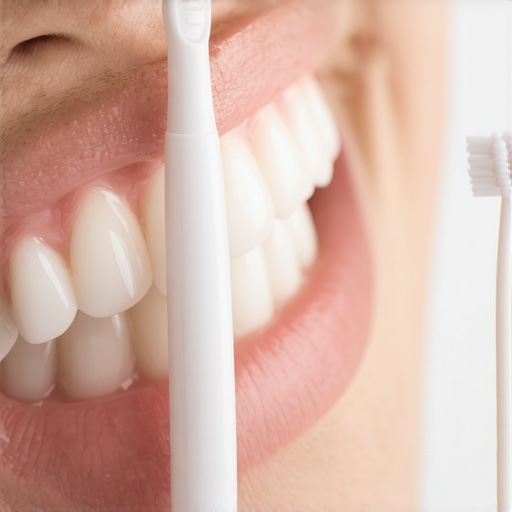 Electric Toothbrush and Interdental Brushes for Crowns Person using electric toothbrush and interdental brushes to clean dental crowns and gums