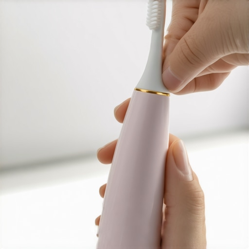 Hand holding an electric toothbrush with a new brush head on a bathroom counter.