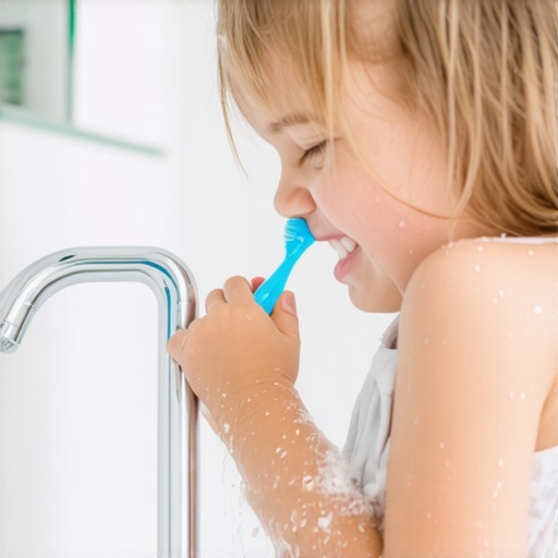 A toddler practicing spitting into the sink with parent support in a cheerful bathroom setting