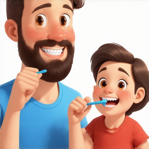 Family brushing teeth together in the bathroom
