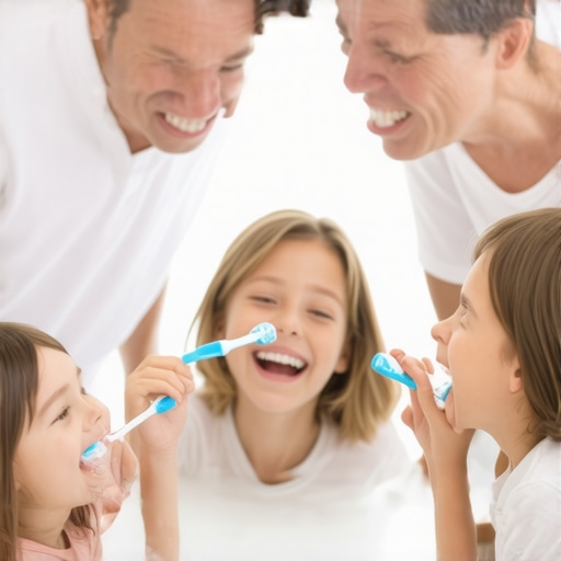 A family brushing teeth together at the bathroom sink, demonstrating proper oral hygiene