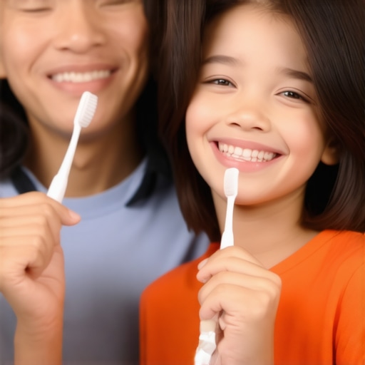 Family practicing oral hygiene A family brushing and flossing teeth together, promoting dental health