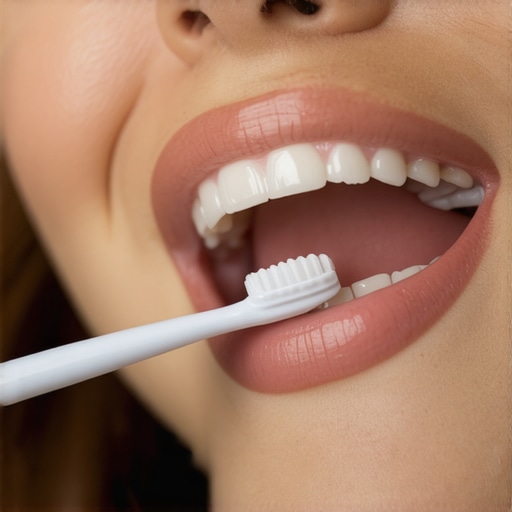 Person brushing teeth gently around a crown with soft toothbrush