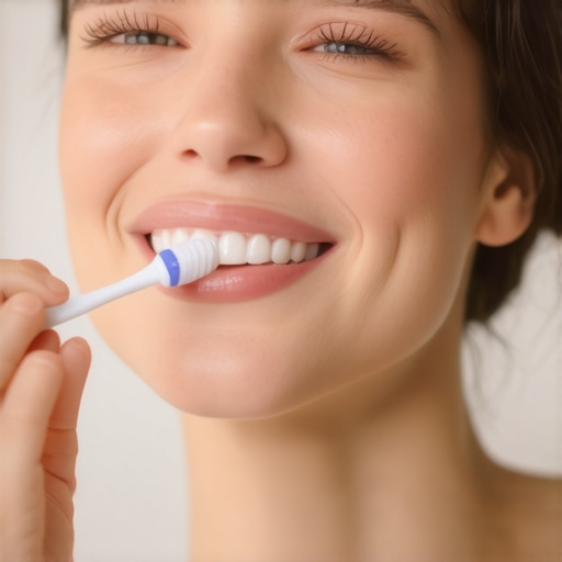 Woman carefully brushing her teeth with a soft toothbrush to promote gum health