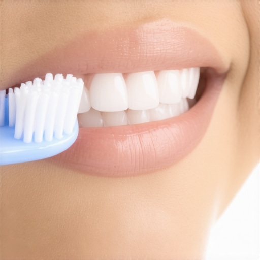 A hand holding a soft toothbrush gently brushing gums in a circular motion.