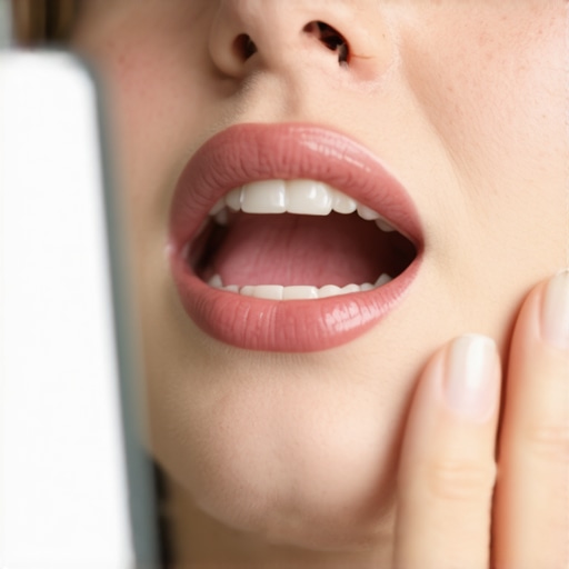 Person checking gums with mirror in bathroom