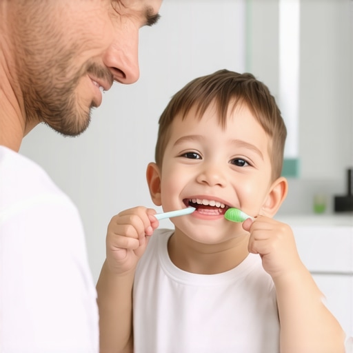 Happy Family Teeth Brushing A family brushing their teeth together in a bathroom