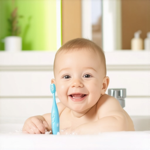 Smiling baby using a soft infant toothbrush in bathroom