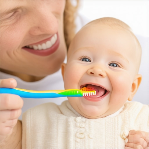 A parent soothingly brushing a baby's teeth using a colorful toothbrush in a calm setting