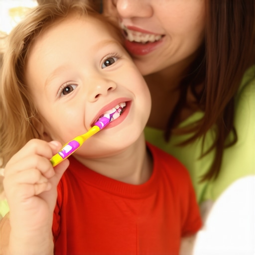 Parent guiding child with toothbrush in bathroom.