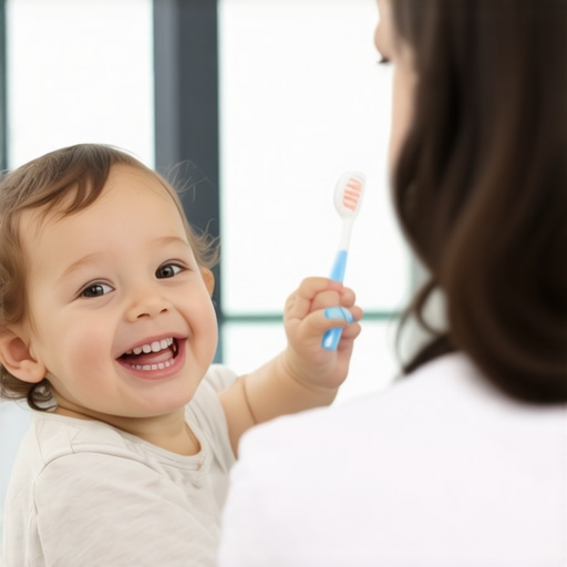 Parent showing toddler how to brush teeth using a mirror in bathroom