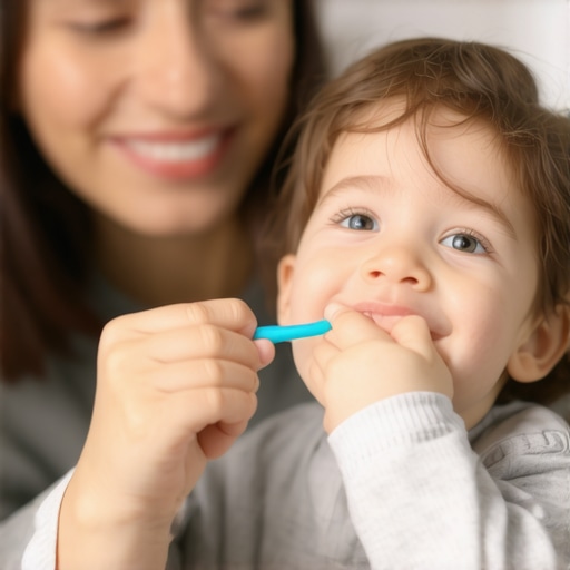 Parent teaching toddler to brush teeth Parent demonstrating proper brushing technique to a young child