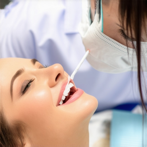 Proper Dental Technique Dental professional demonstrating correct brushing method in clinic.