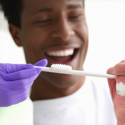 Proper Flossing Technique Demonstration Dentist showing correct flossing method to a patient at the dental office