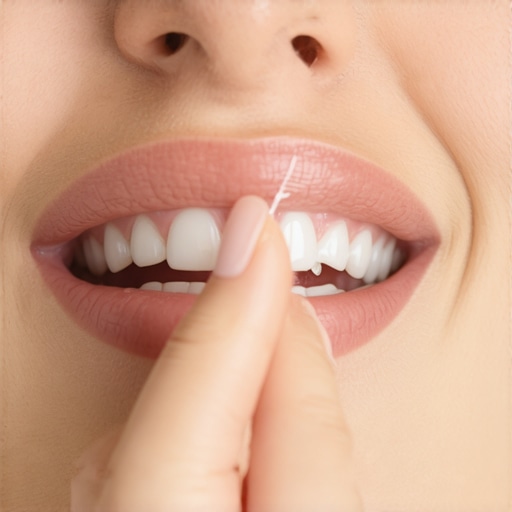 Person flossing around a dental crown to maintain oral health
