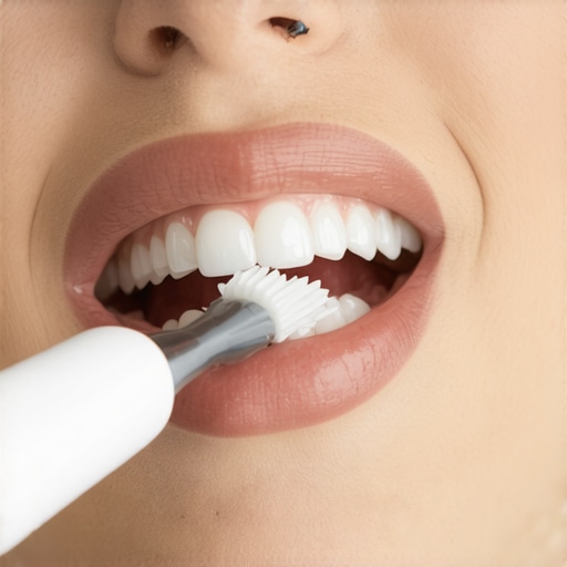 Person brushing teeth with electric toothbrush focusing on porcelain crown.