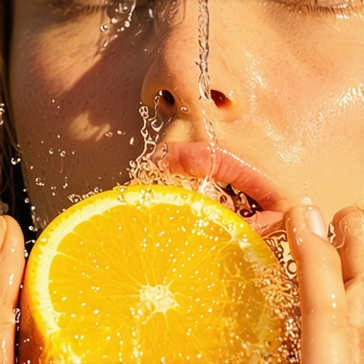 Person rinsing mouth with water to neutralize acids from citrus fruits.