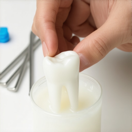 Storing a Knocked-Out Tooth Properly A person carefully handling a tooth in milk for emergency storage.