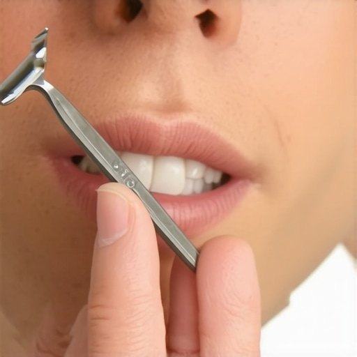A person gently scraping their tongue with a stainless steel device for better oral hygiene