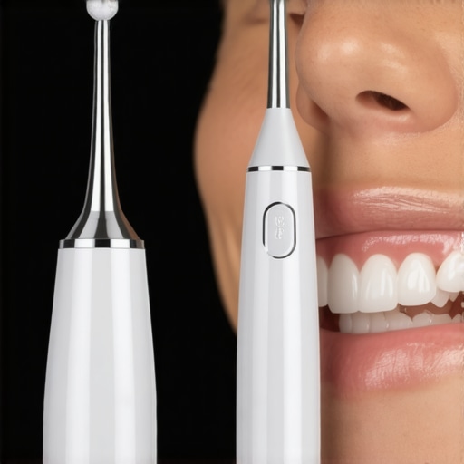 Advanced Dental Maintenance Tools in Action Person demonstrating ultrasonic cleaner and water flosser for oral health