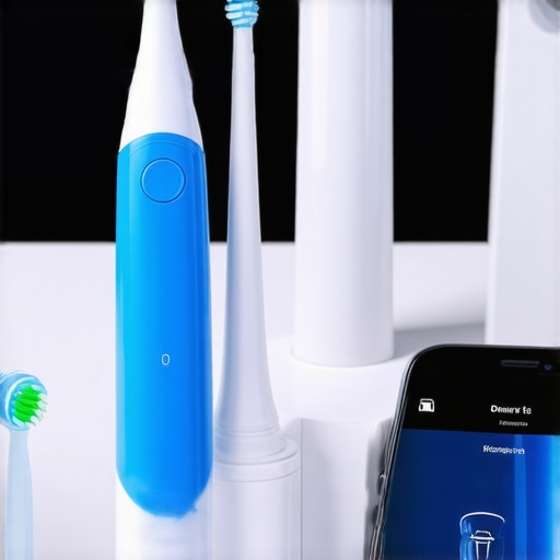 Advanced Dental Tools for Long-Term Care A sleek sonic toothbrush, water flosser, and a smartphone showing an oral health app on a bathroom counter.