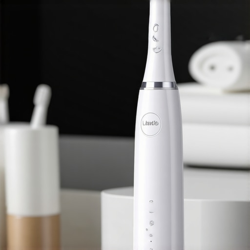 Electric toothbrush with various cleaning modes standing on a bathroom counter, symbolizing effective oral health care.