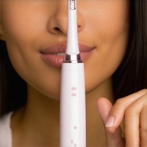Advanced Electric Toothbrush in Use for Optimal Oral Care Person brushing teeth with a high-tech electric toothbrush showing digital features.
