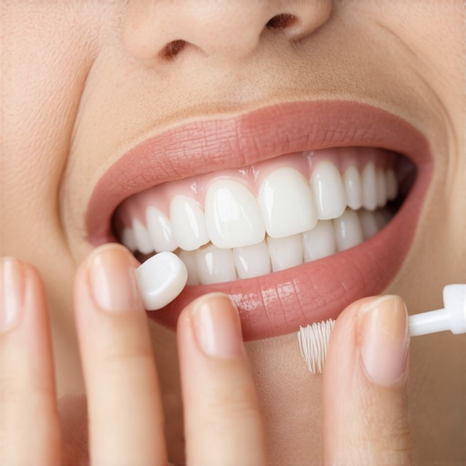 Person applying whitening strips to teeth with care in a dental environment